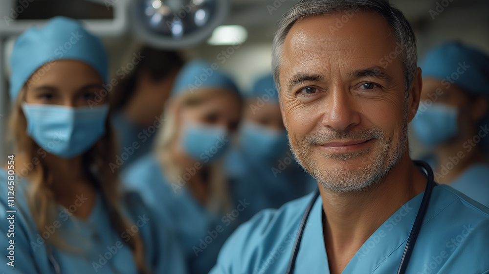 Portrait of a happy, confident and professional doctor with his team of surgical experts behind him. Portrait of a happy, confident and professional doctor with his team of surgical experts behind him.