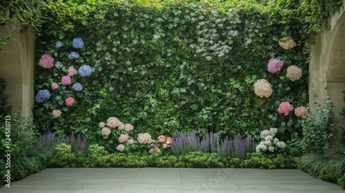 Green wall panel garden on a house wall photo