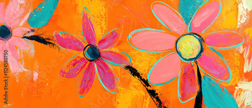 A vibrant abstract painting featuring pink flowers against a bright orange background, showcasing bold colors and playful shapes. photo