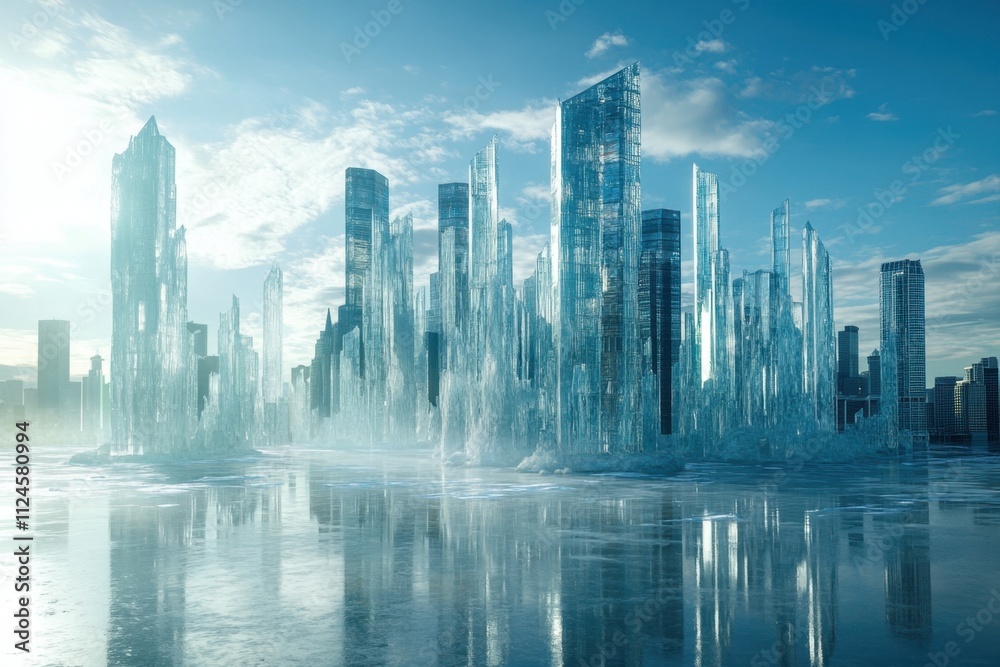 Futuristic skyline of melting ice towers urban cityscape digital artwork radiant atmosphere aerial view conceptual environmental dystopia Futuristic skyline of melting ice towers urban cityscape digital artwork radiant atmosphere aerial view conceptual environmental dystopia