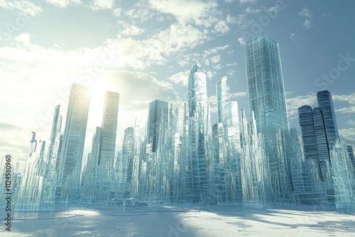 Melting ice towers in a futuristic city skyline urban landscape digital art crystal structures aerial view environmental impact on architecture