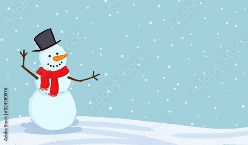 Cheerful snowman with red scarf in a snowy winter scene