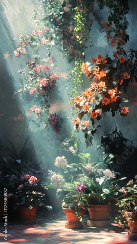 A serene artwork of cascading potted plants, each adorned with vibrant flowers photo