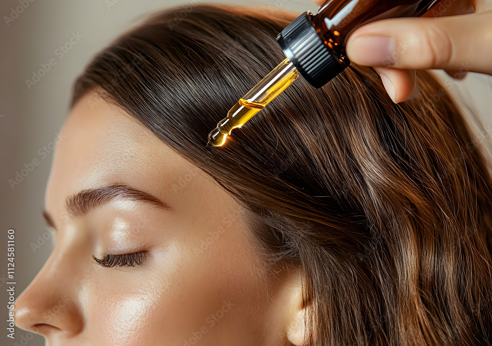 Fototapeta premium Woman applying hair oil with a dropper to nourish and strengthen her hair indoors during a wellness routine