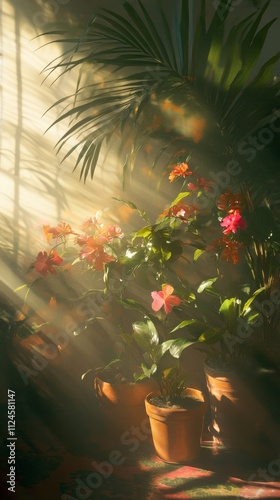 A serene artwork of cascading potted plants, each adorned with vibrant flowers photo