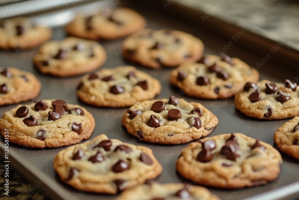 Melting chocolate chip cookies cooling on a tray in a cozy kitchen baked goodies in a warm environment close-up view for culinary delight Melting chocolate chip cookies cooling on a tray in a cozy kitchen baked goodies in a warm environment close-up view for culinary delight