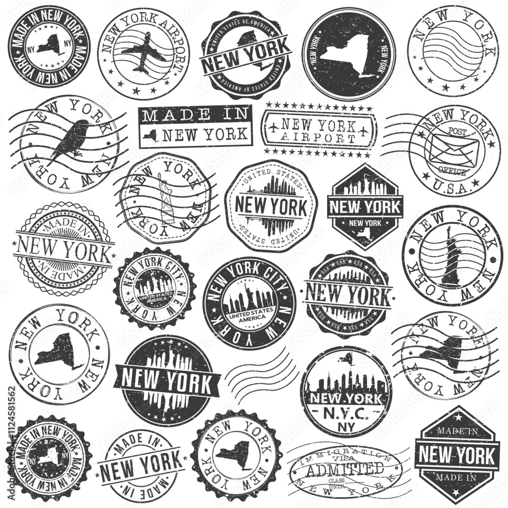 New York, NY, USA Set of Stamps. City Travel Marks. Made In Product. Design Seals Old Style Insignia.
