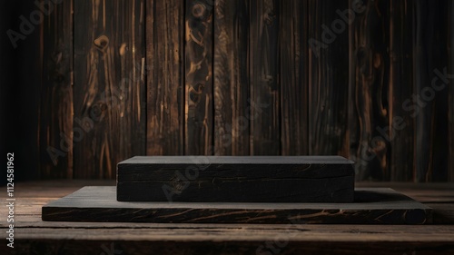 podium product background showing old black wood for presentation