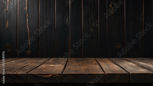 podium product background showing old black wood for presentation