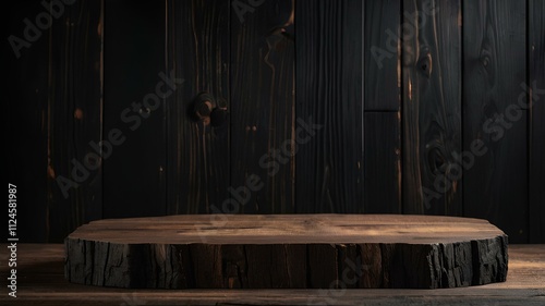 podium product background showing old black wood for presentation