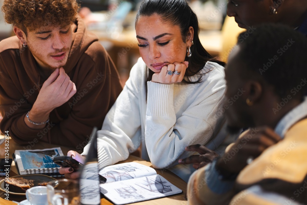 A group of people in a cafe gathered around a table with sketchpads, coffee cups, and pastries, engaged in a collaborative discussion in a bright and inviting environment A group of people in a cafe gathered around a table with sketchpads, coffee cups, and pastries, engaged in a collaborative discussion in a bright and inviting environment