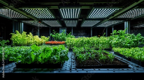 This image showcases a vibrant indoor vertical farm with various green leafy vegetables illuminated by bright LED grow lights. photo