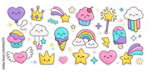 Collection of kawaii style rainbow, cupcake, cute ice cream, magic wand, princess crown, cute desserts characters. Hand drawn kawaii stickers pack or pattern for kids design, print fabric