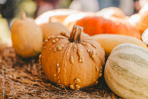 Decorative pumpkins on hay outdoors in Ludwigsburg, Germany photo