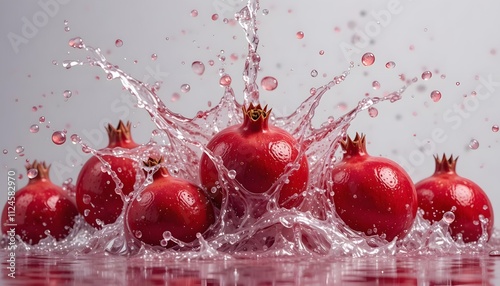 pomegranate water splash with a vibrant red gradient background created with generative AI