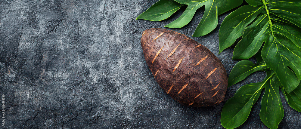 A textured brown object rests on a dark surface, accompanied by vibrant green leaves, creating a natural and organic aesthetic. A textured brown object rests on a dark surface, accompanied by vibrant green leaves, creating a natural and organic aesthetic.