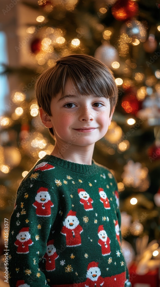 Portrait of a Caucasian boy with straight brown hair, wearing a green and red Christmas jumper with snowmen, standing near a Christmas tree filled with lights and presents underneath, soft lighting Portrait of a Caucasian boy with straight brown hair, wearing a green and red Christmas jumper with snowmen, standing near a Christmas tree filled with lights and presents underneath, soft lighting