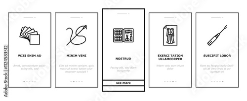 dressmaking fashion sewing style onboarding mobile vector couture tailor, hemline seamstress, silhouette textile, embroidery, draping, pleats dressmaking fashion sewing style illustrations