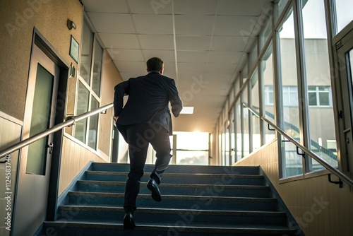 Businessman run in hurry on stair. Busy morning at workplace