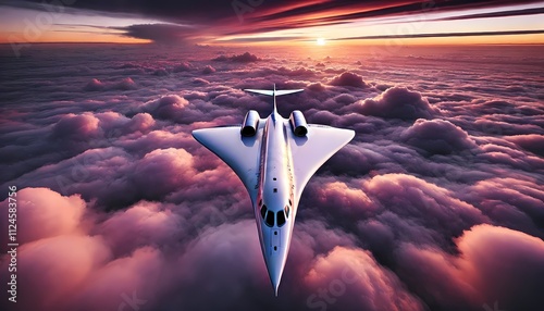 A futuristic supersonic jet soaring just above the fluffy clouds, as the dawn paints the sky in shades of purple and orange