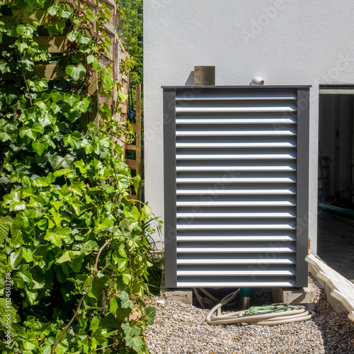 Modern heat pump in front of a newly built detached house