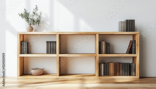 Minimalist Wooden Bookshelf in Scandinavian Design with Natural Light and Soft Shadows