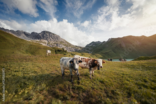 Cows grazing on a high alpine meadow at Schrecksee in Tyrol, Austria. photo