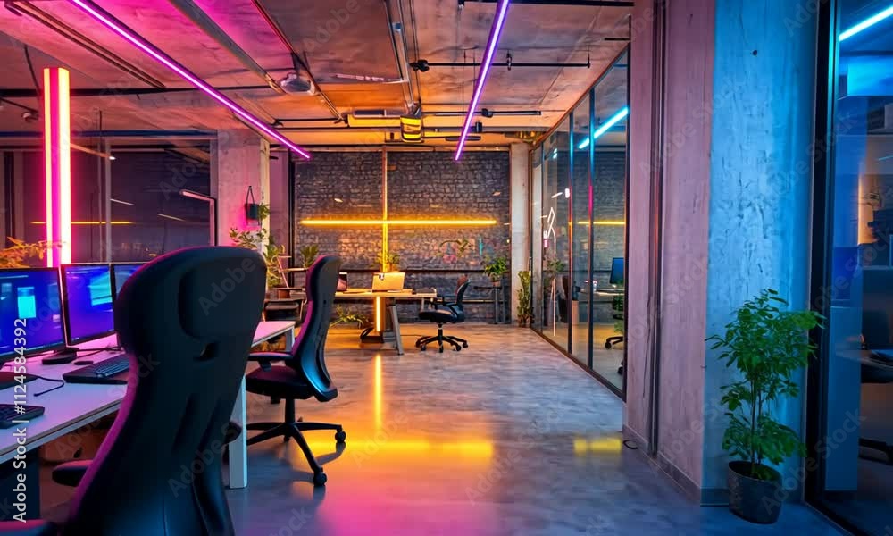 Vibrant Neon-Lit Modern Tech Startup Office Workspace