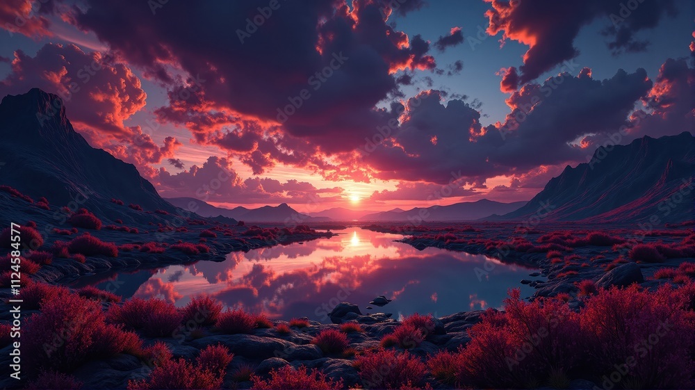 Fototapeta premium Majestic sunset reflecting on serene lake in a purple valley