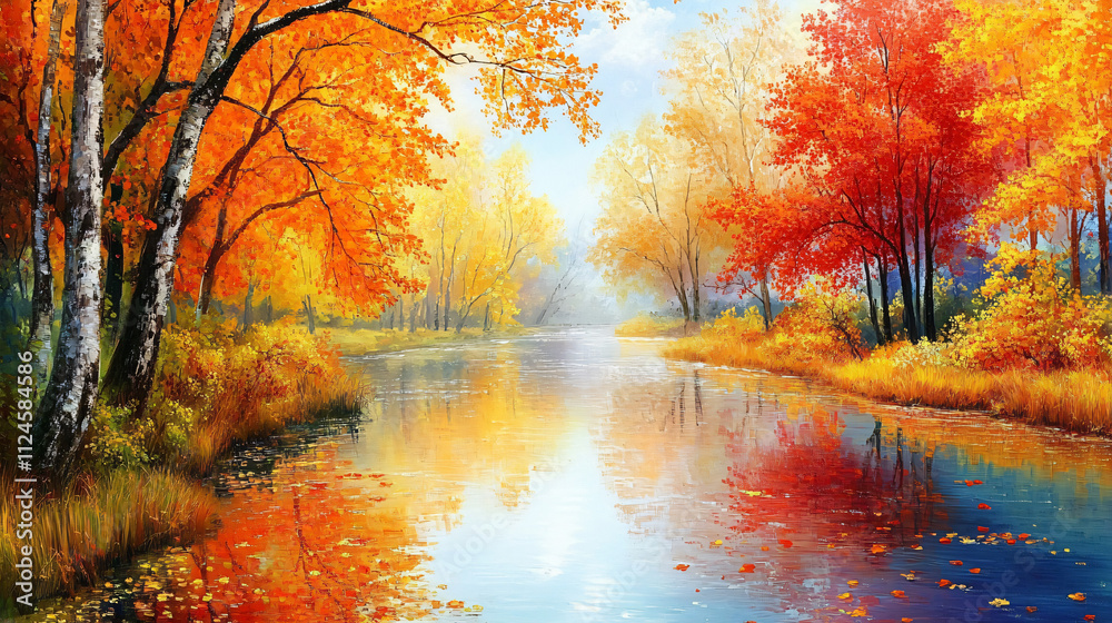 A peaceful autumn river surrounded by trees with golden and red leaves, reflecting the warm colors of the season on the calm water.
