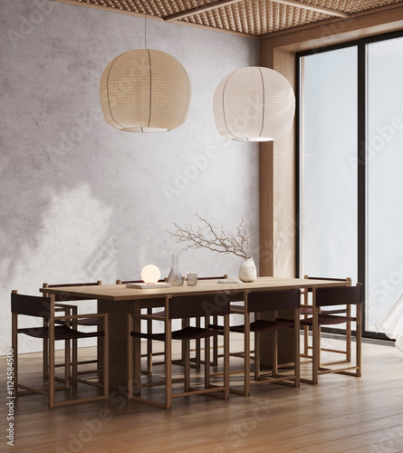 Japandi style living room with table and chairs, 3D rendering. photo