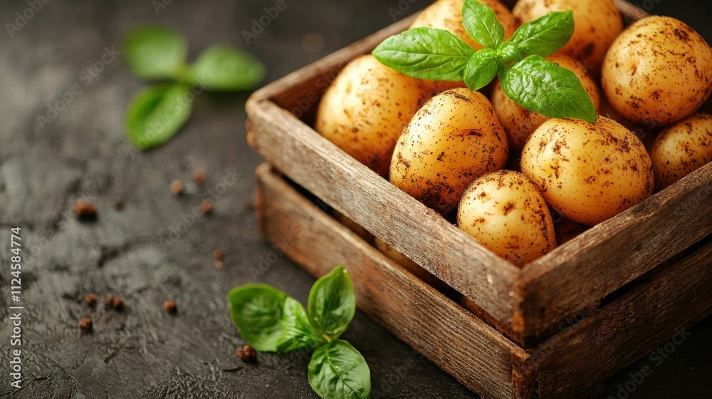 A rustic wooden crate filled with fresh, unpeeled potatoes garnished with green basil leaves. A delightful view of nature's produce. A rustic wooden crate filled with fresh, unpeeled potatoes garnished with green basil leaves. A delightful view of nature's produce.