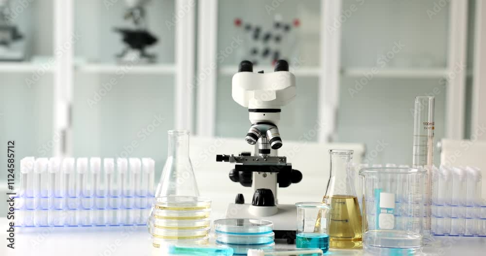 A modern lab setup with a sophisticated microscope and various glassware for research and experimentation A modern lab setup with a sophisticated microscope and various glassware for research and experimentation