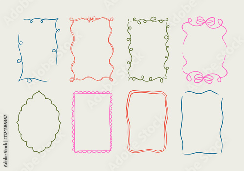 Set of elegant whimsical hand-drawn pink blue orange green color frames with wavy squiggle curly ribbons in trendy, vintage styles. Perfect for quirky holiday, wedding, birthday gift decorations