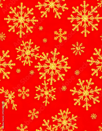 seamless christmas pattern with gold glitter snowflakes on red background, silhouette