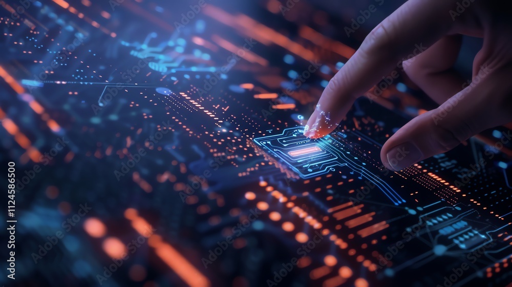 Close-up of a finger interacting with a digital circuit board. Close-up of a finger interacting with a digital circuit board.
