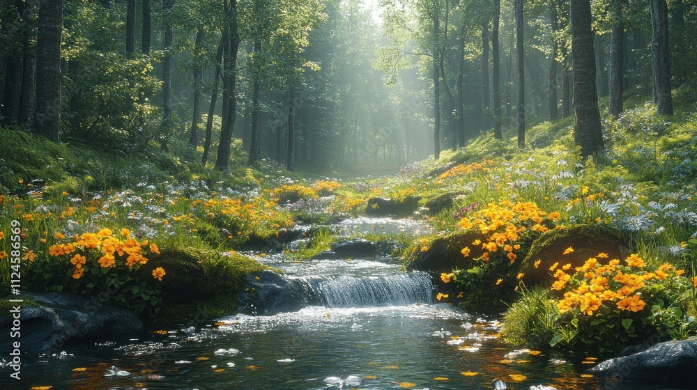 Serene forest stream with wildflowers and sunlight. Serene forest stream with wildflowers and sunlight.