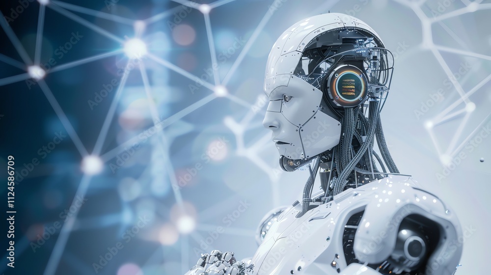 A futuristic robot stands in front of a screen with glowing data. A futuristic robot stands in front of a screen with glowing data.