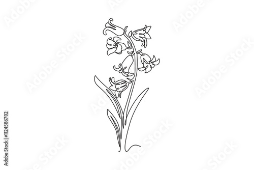 Single one line drawing beauty fresh bulbous perennial plant for home wall decor art poster print. Decorative bluebell flower for wedding card. Continuous line draw design graphic vector illustration