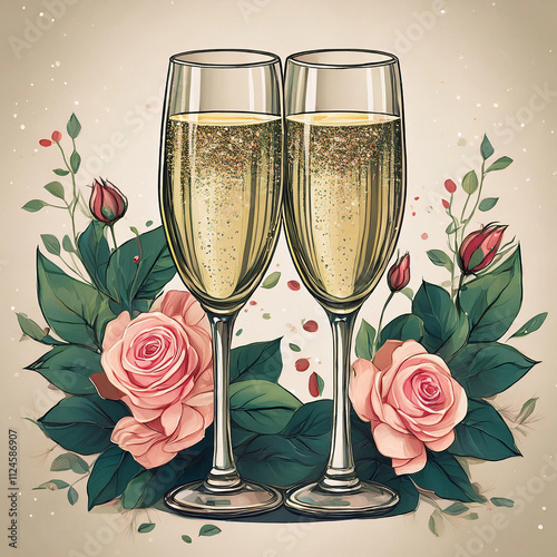 A romantic watercolor illustration featuring champagne glasses and roses, perfect for wedding stationery.