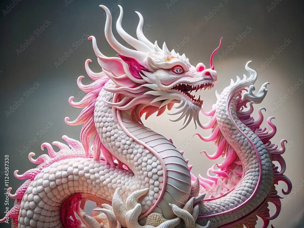 Obraz premium A Captivating Sculpture of a White and Pink Dragon Showcasing Intricate Craftsmanship and Fantasy Elements, Perfect for Art Enthusiasts and Fantasy Lovers Alike