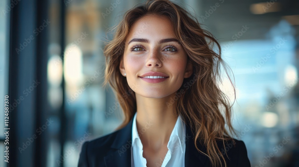 Confident happy professional business woman in suit smiling in urban environment with soft natural lighting Confident happy professional business woman in suit smiling in urban environment with soft natural lighting
