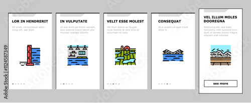 flood water disaster rain onboarding mobile vector river storm, surge inundation, overflow deluge, emergency evacuation, rescue, damage flood water disaster rain illustrations