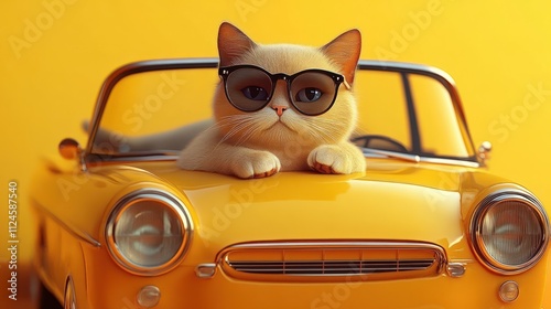 Playful Cat Driving Vintage Car with Sunglasses on Yellow Background photo