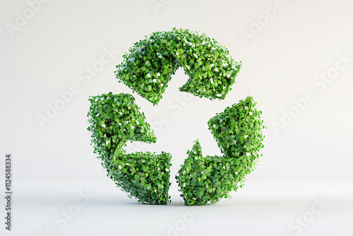 A vibrant recycling symbol constructed from lush green leaves on a plain white background emphasizing sustainability and eco-friendliness 