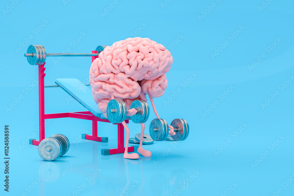 Brain lifting weights on a bench in a humorous illustration Brain lifting weights on a bench in a humorous illustration