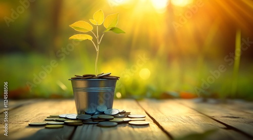 Plant sprouting from a pot of coins, captured from an angle to highlight growth