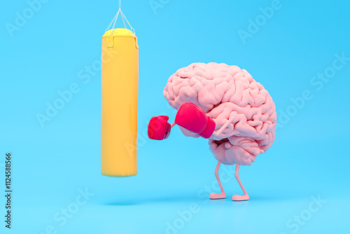 Illustration of a brain boxing a punching bag with gloves on a blue background