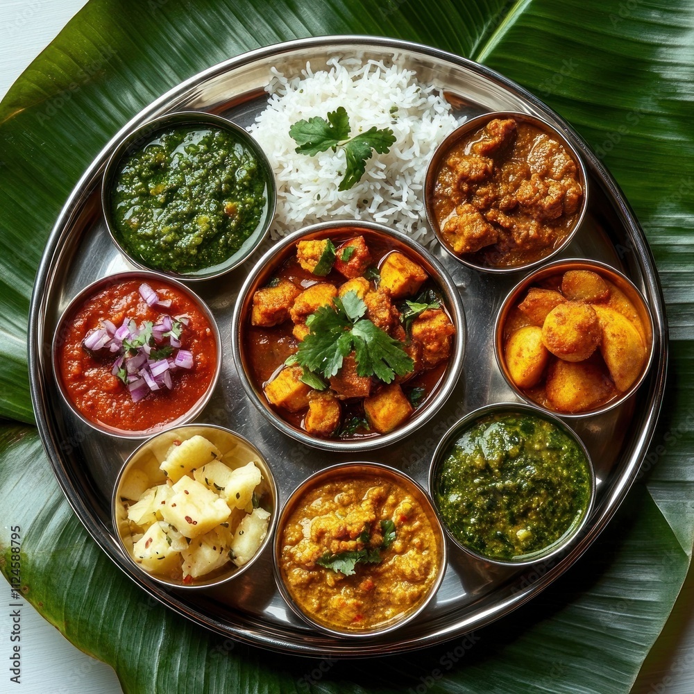Vibrant Indian Thali with Colorful Dishes on Stainless Steel Plate Vibrant Indian Thali with Colorful Dishes on Stainless Steel Plate