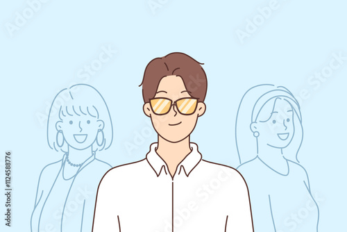Macho man in sunglasses stands next to two girls vying for attention of handsome guy